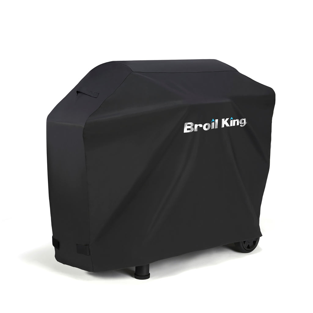 Polyester grill cover for Broil King pellet grill, black with side view and wheels