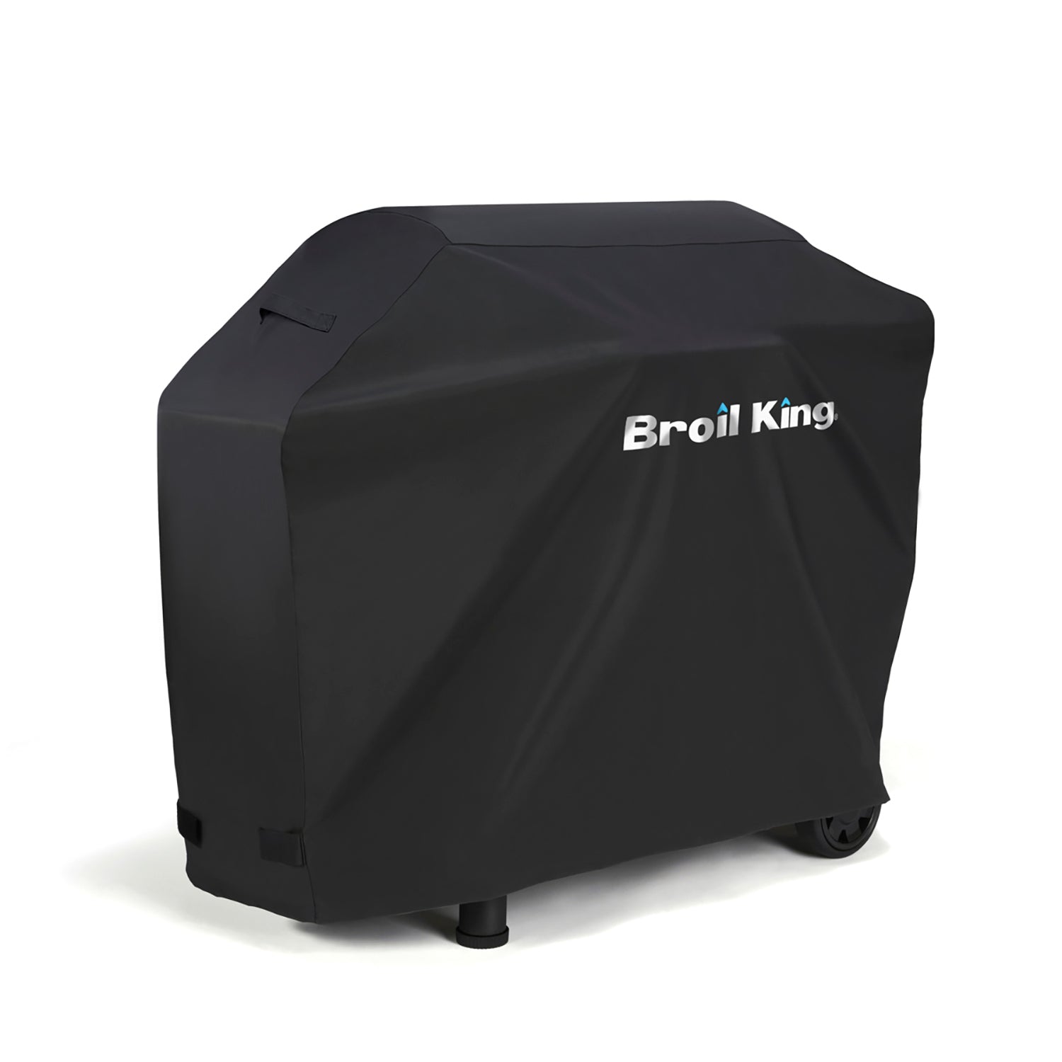 Polyester grill cover for Broil King pellet grill, black with side view and wheels