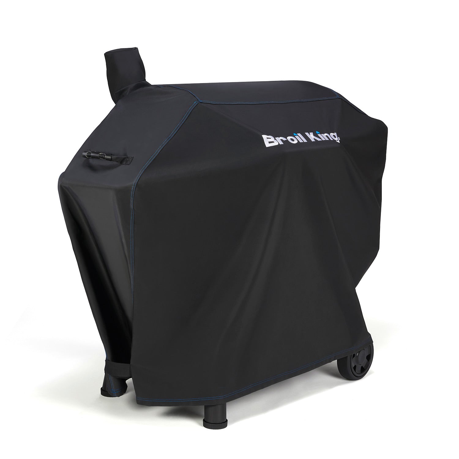 Black polyester grill cover with Broil King logo, fitted hood and side handle