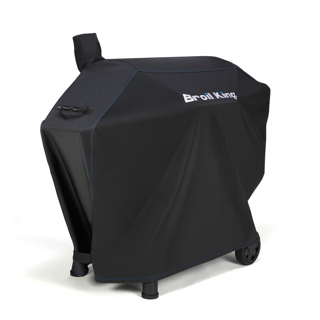 XL Pro pellet grill cover in dark polyester with Broil King logo, vent opening, draped fit