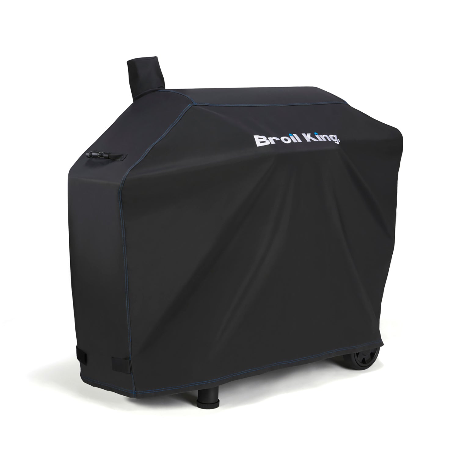 Black grill cover with Broil King logo and fitted hood, corner panels and wheels