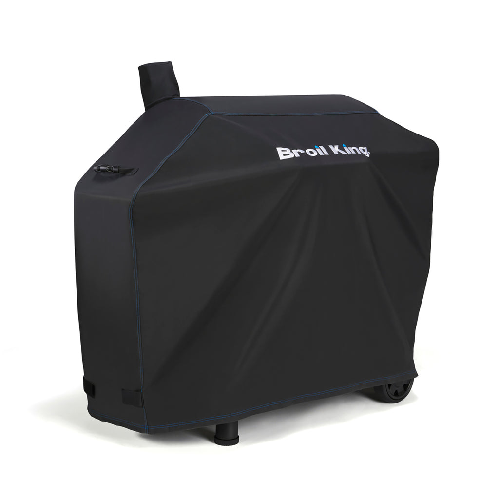 XL Pro pellet grill cover in dark polyester with Broil King logo, side drape, access opening