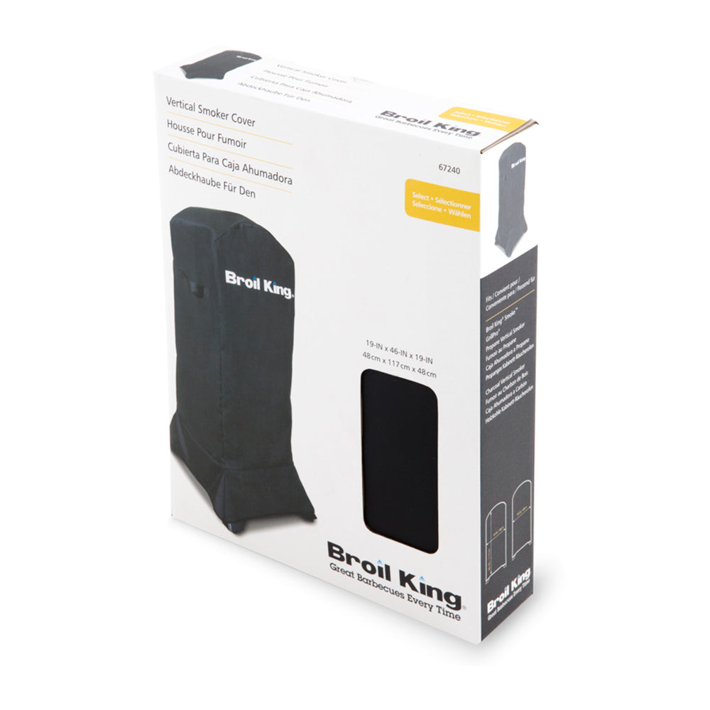Broil King vertical smoker cover packaging box in black and white, size shown