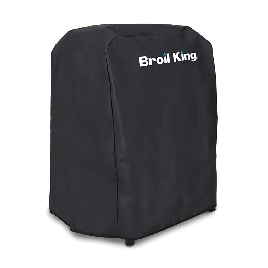 Black polyester grill cover with Broil King logo and side seams, fitted over grill