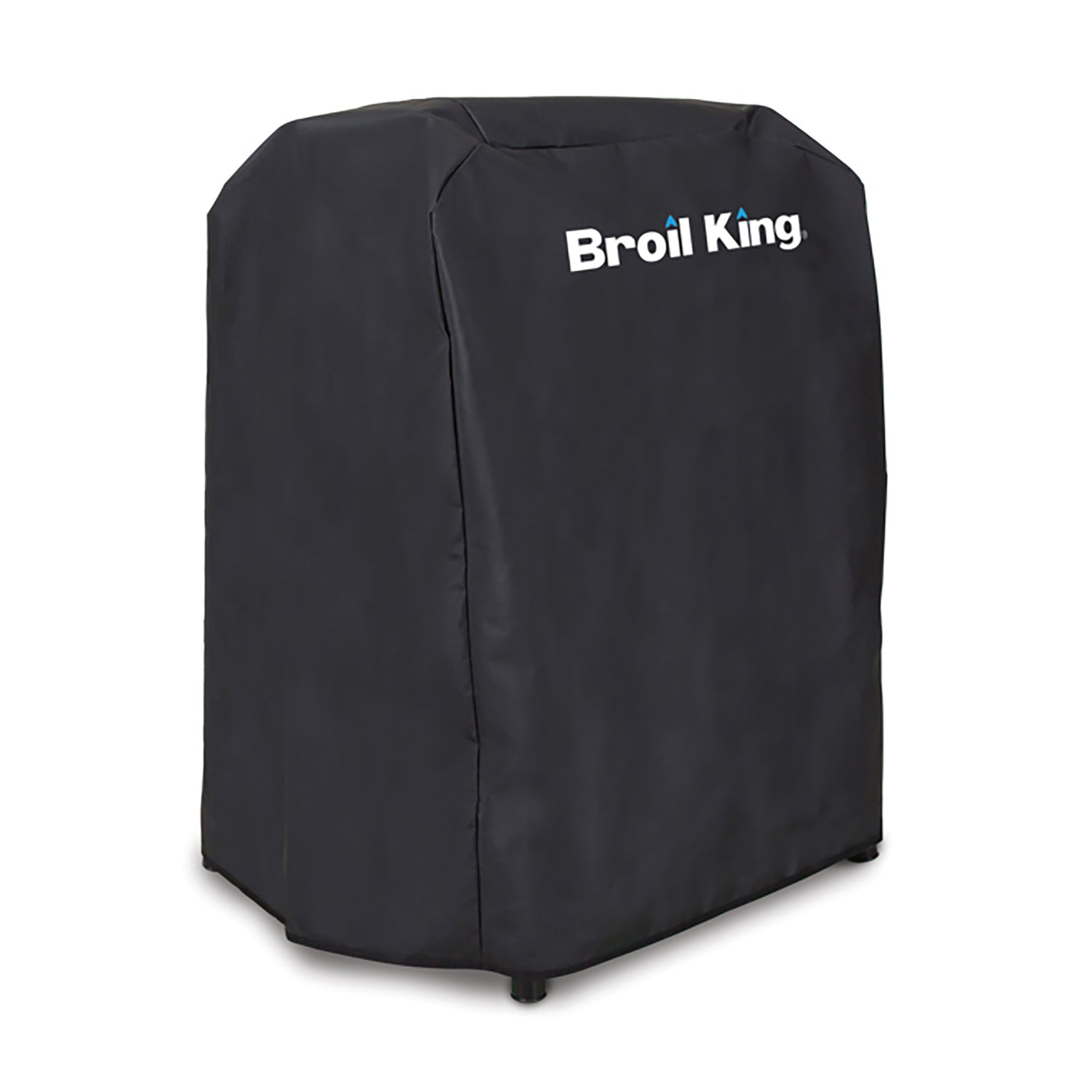 Black polyester grill cover with Broil King logo and side seams, fitted over grill