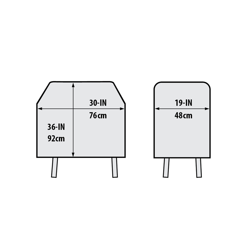 Grill cover size diagram: 30 in wide, 36 in tall, 19 in for width
