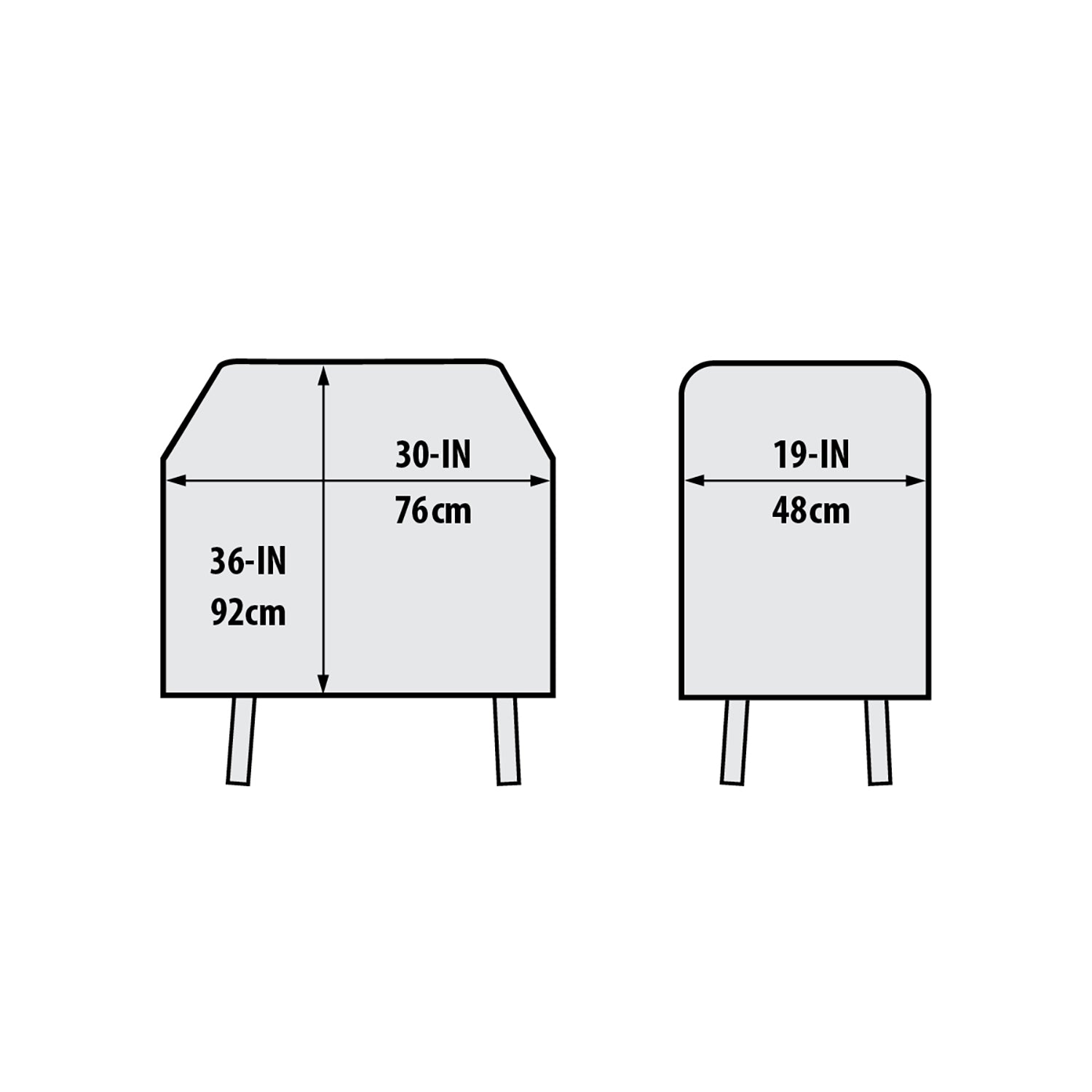 Grill cover size diagram: 30 in wide, 36 in tall, 19 in for width
