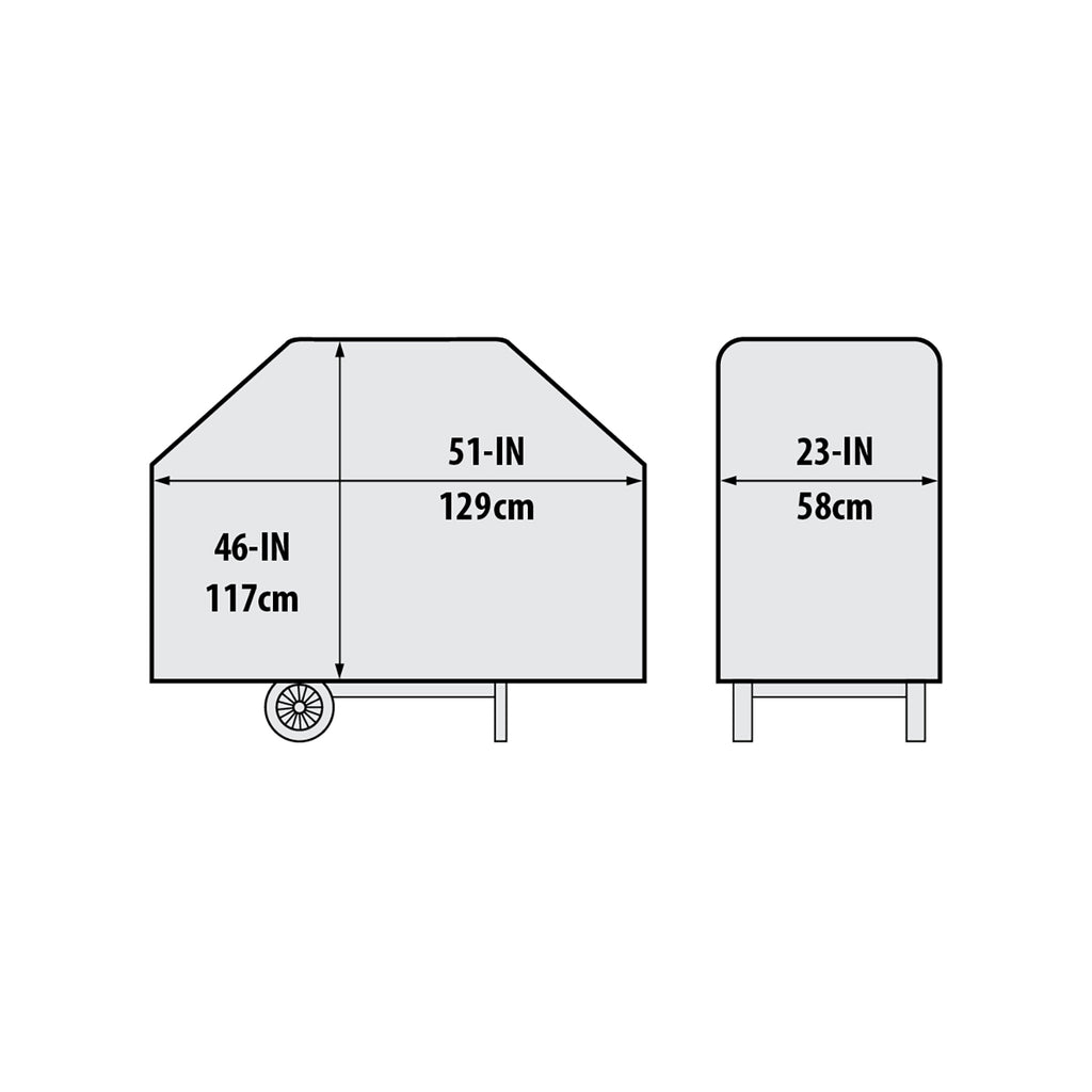 Broil King grill cover size chart: 51 in wide, 46 in long, 23 in height