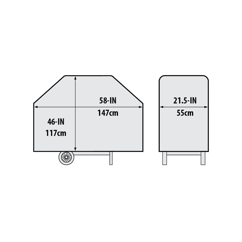 Grill cover size diagram: 58-in width and 21.5-in height