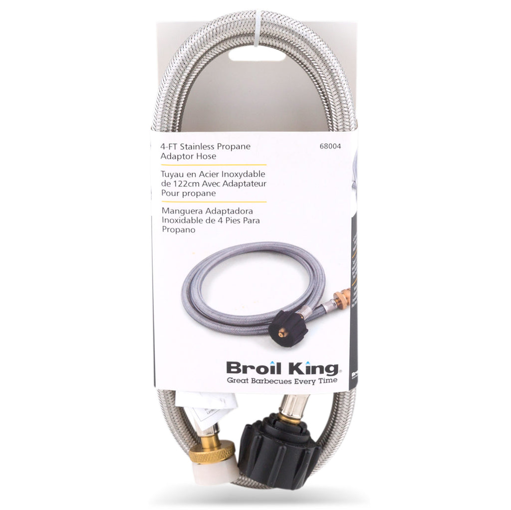 Braided stainless adapter hose with brass male ends and black female connector, boxed