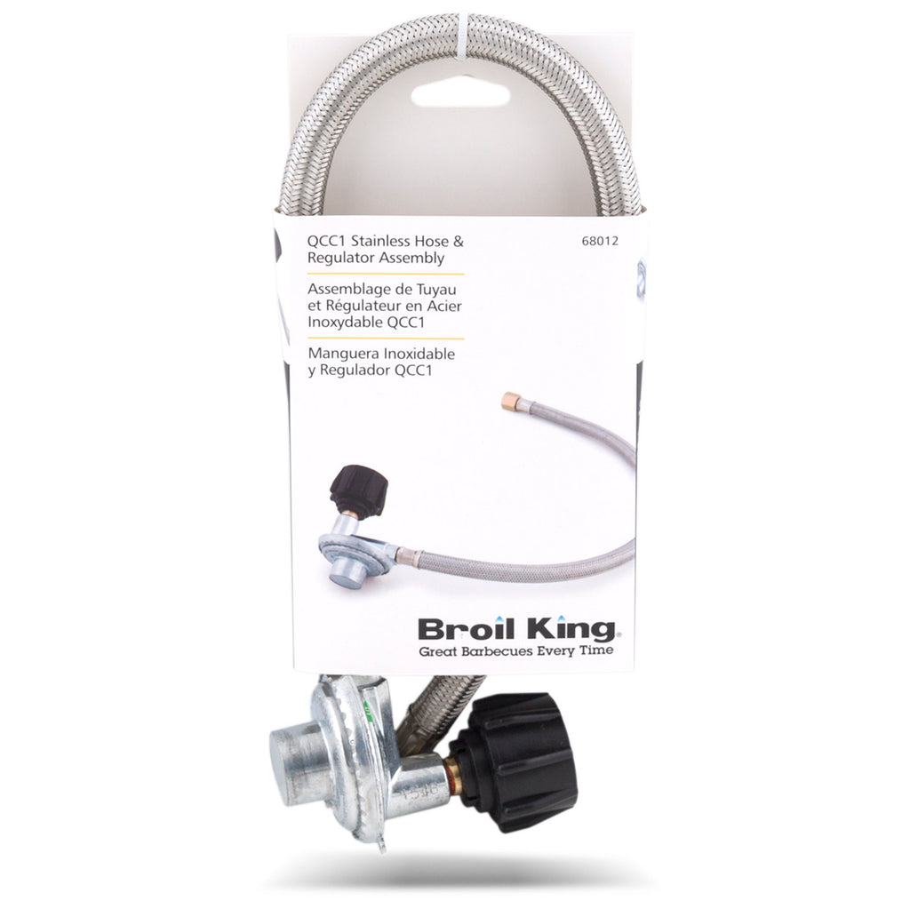 Braided stainless hose and regulator assembly on retail box