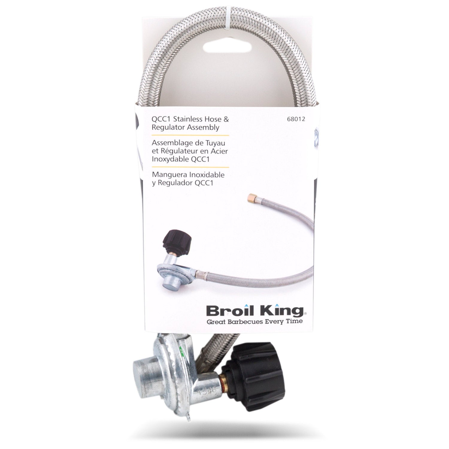 Braided stainless hose and regulator assembly on retail box