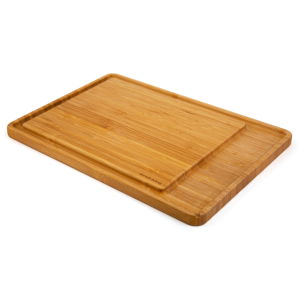 Bamboo cutting and serving board with rounded corners and Broil King logo