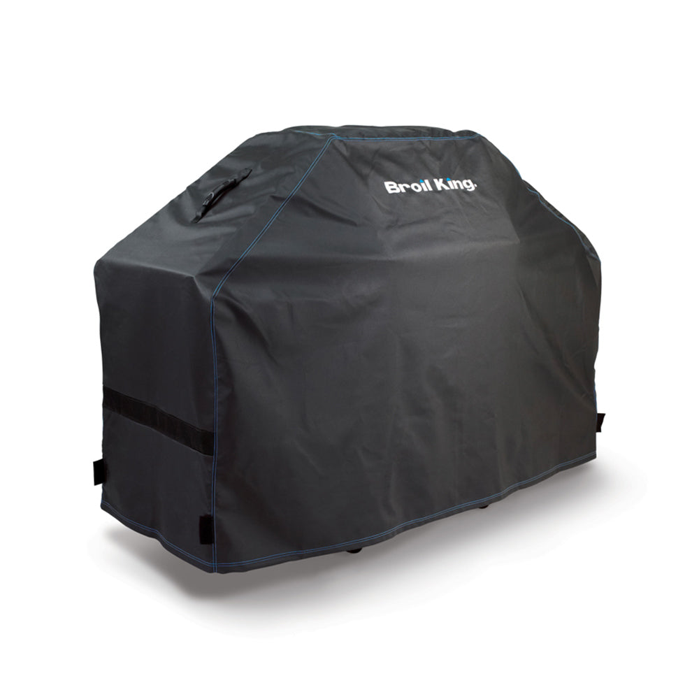 Broil King grill cover, dark polyester with blue trim and logo