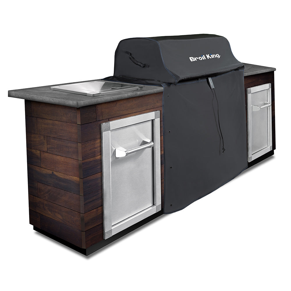 Broil King grill cover, black with front cords and blue stitched seams