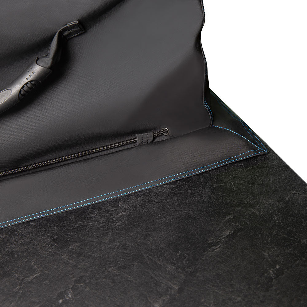 Black grill cover interior panel with blue piping and zipper track details