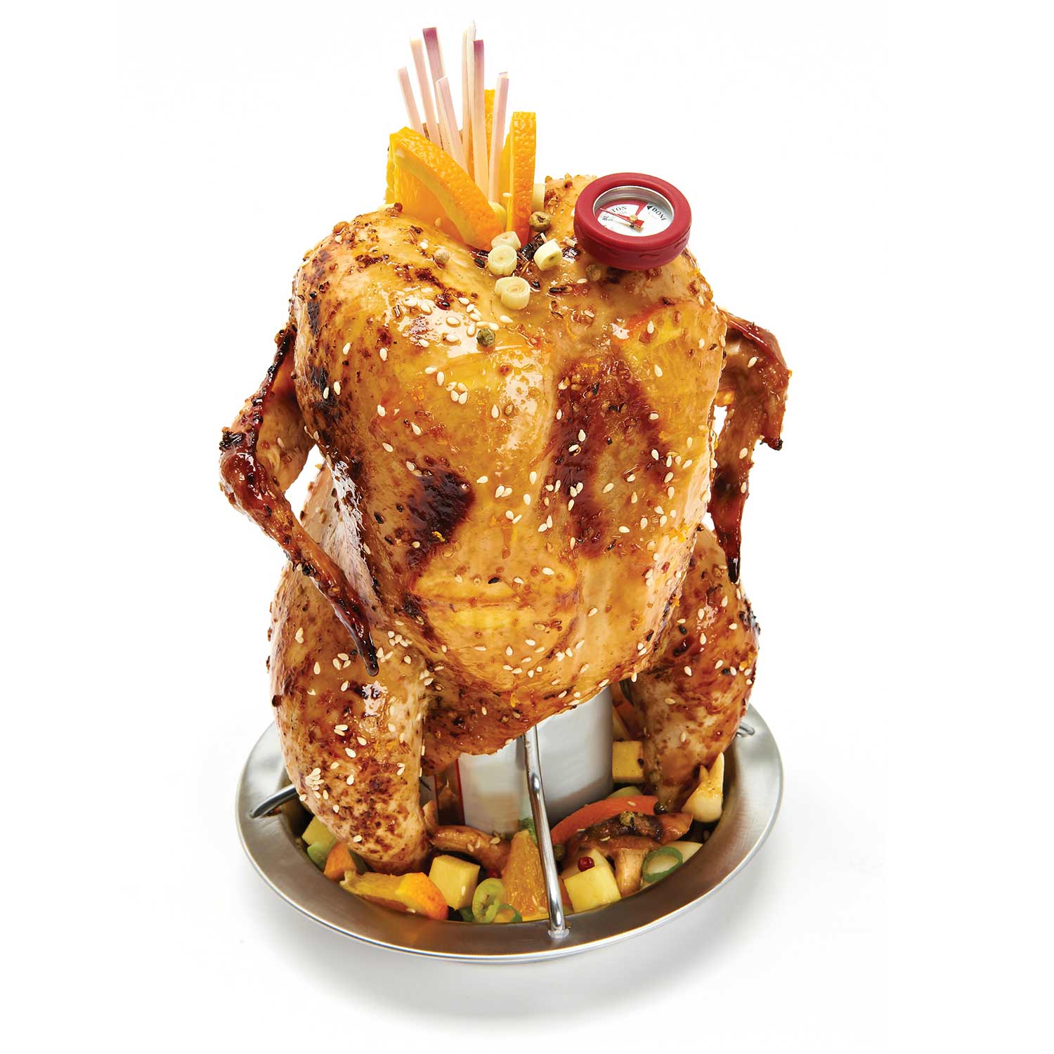 Whole roasted chicken on metal chicken roaster stand with red thermometer