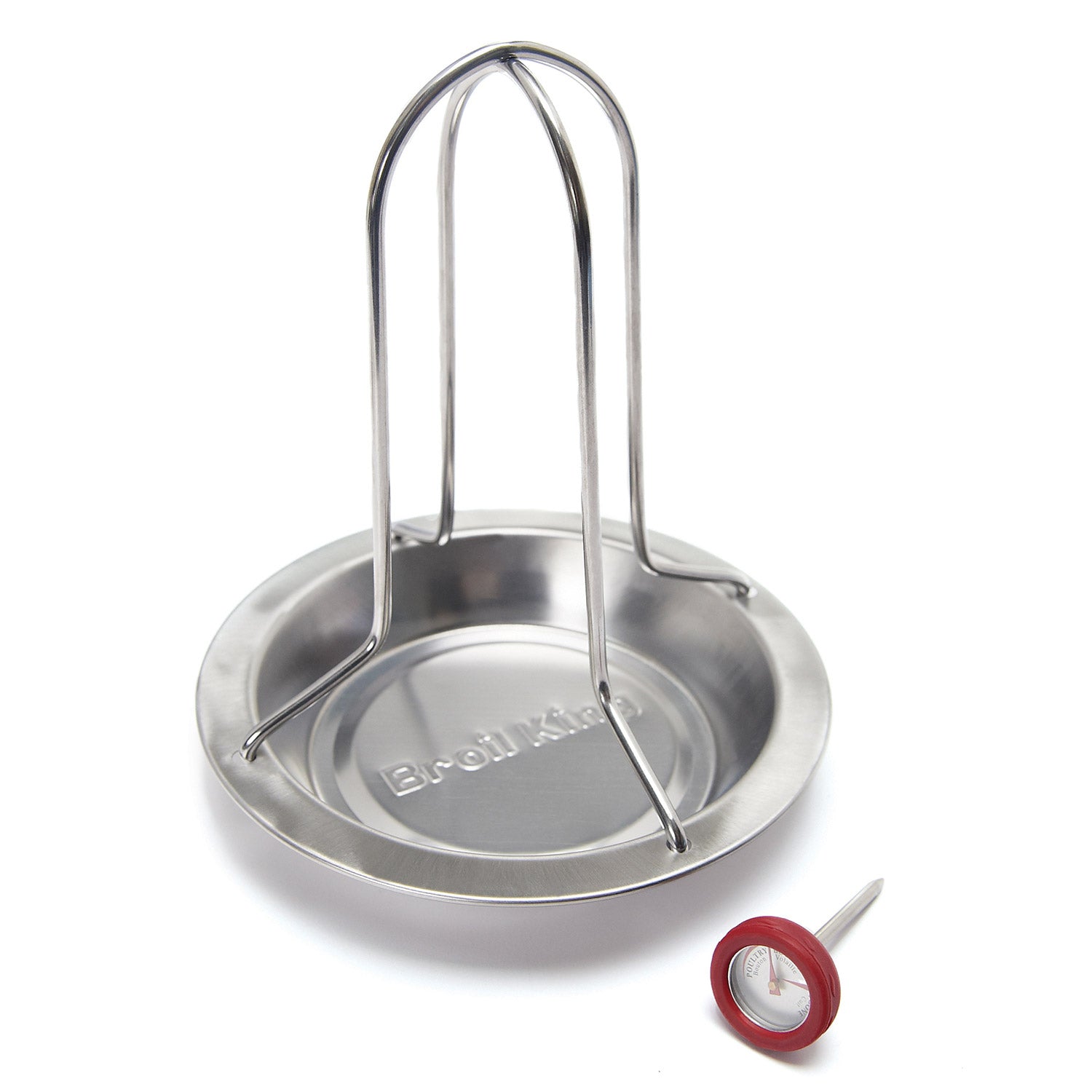 Stainless steel chicken roaster with tall support handles and circular tray