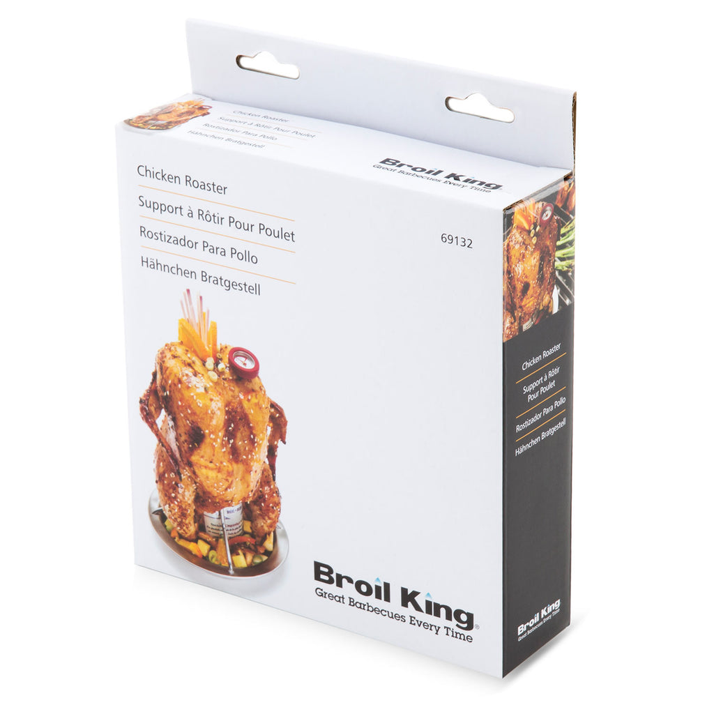 Broil King chicken roaster retail box with product photo and label