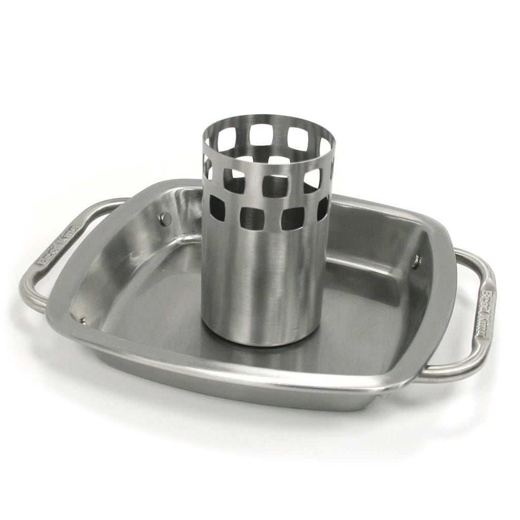 Stainless steel roaster pan with upright roasting basket and side handles