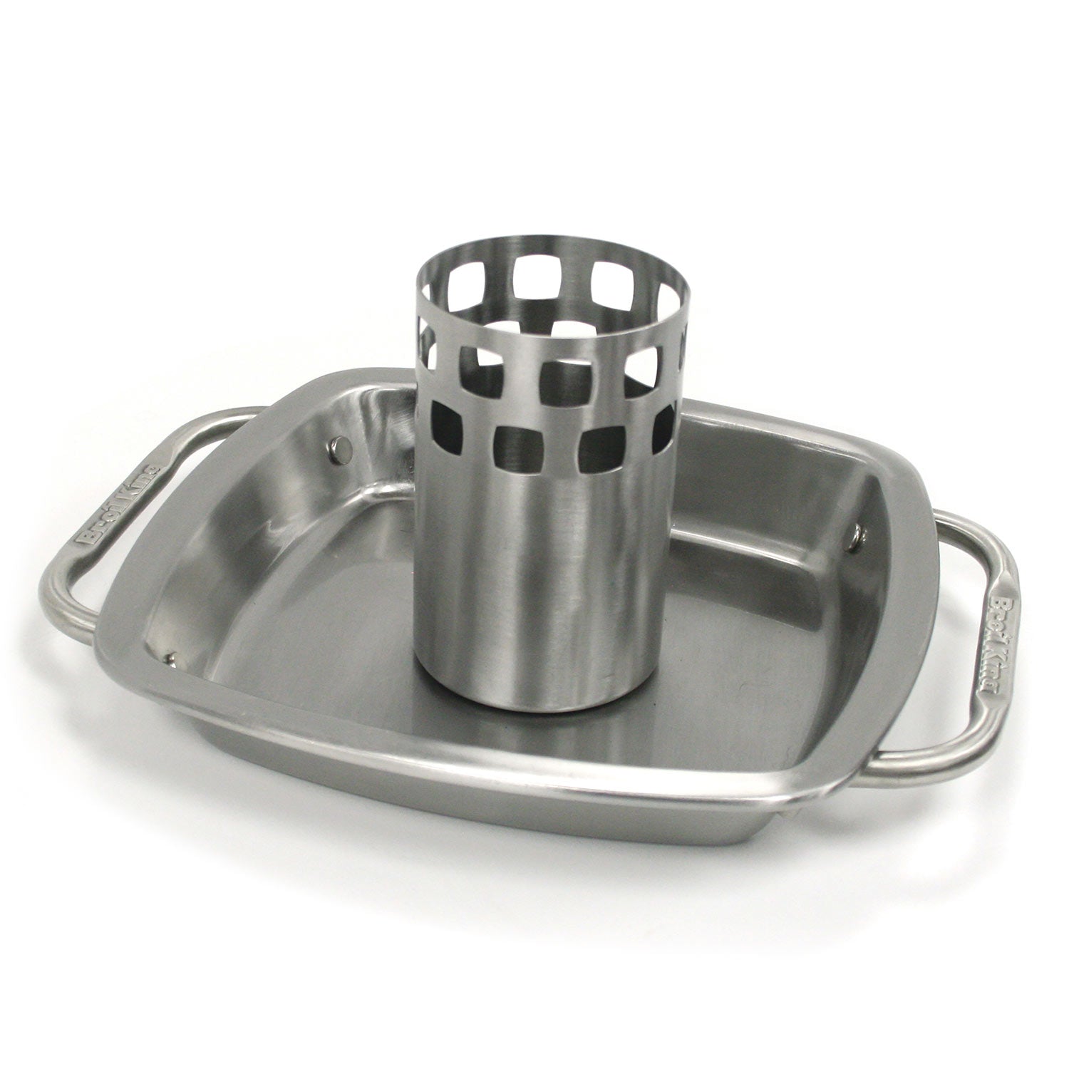 Stainless steel roaster pan with upright roasting basket and side handles