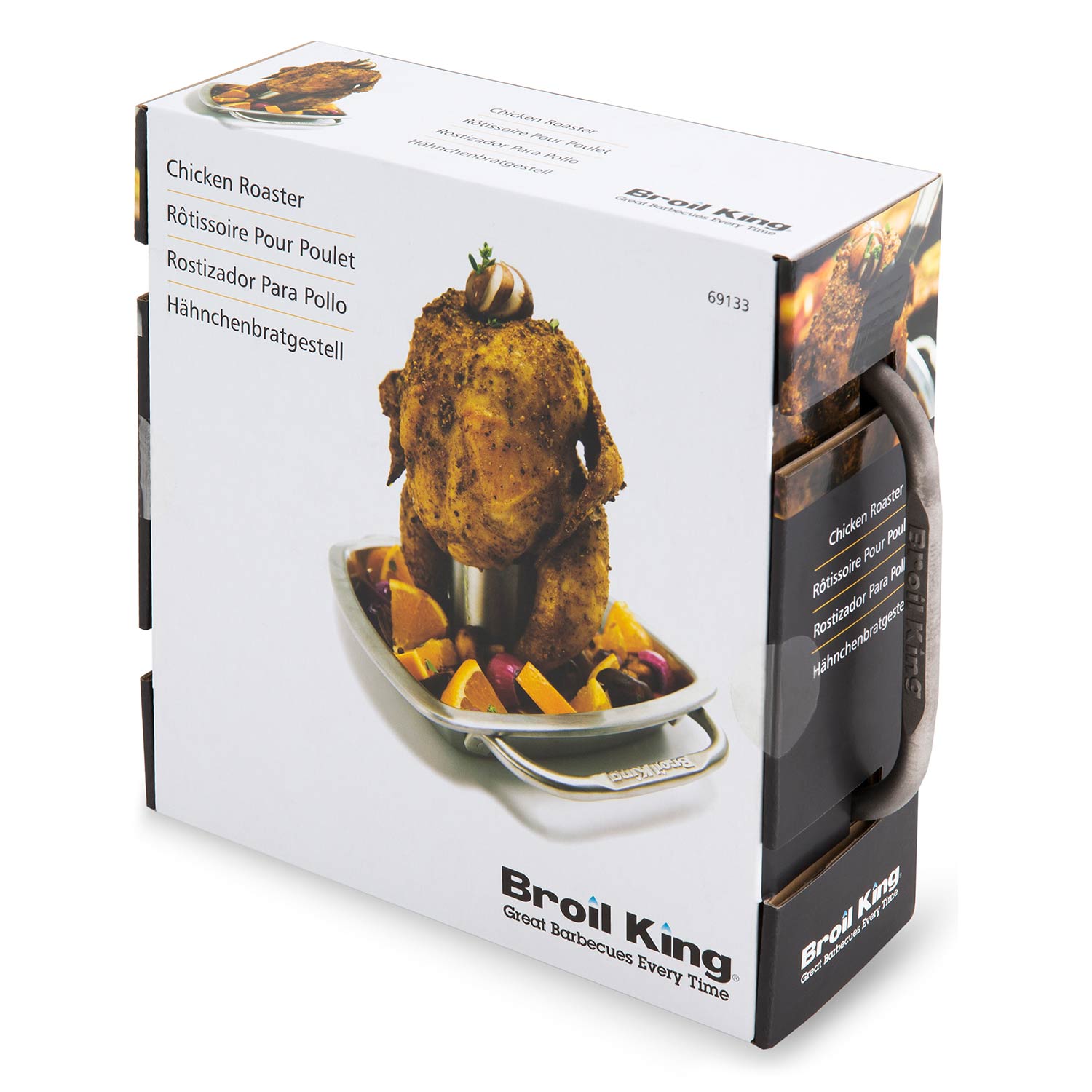 Broil King chicken roaster with pan box, with roaster and cooked chicken