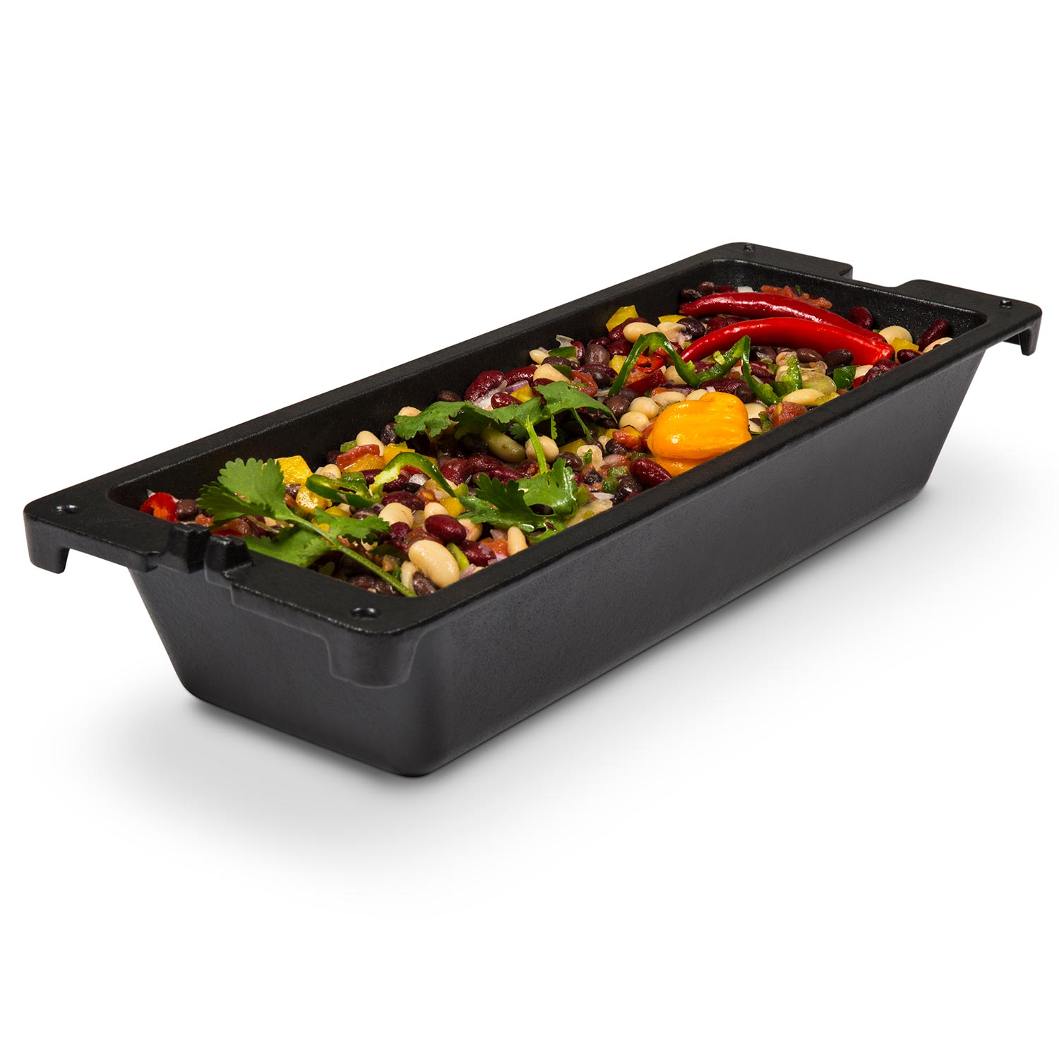 Cast iron wok insert with black finish for grill cooking, rectangular shape