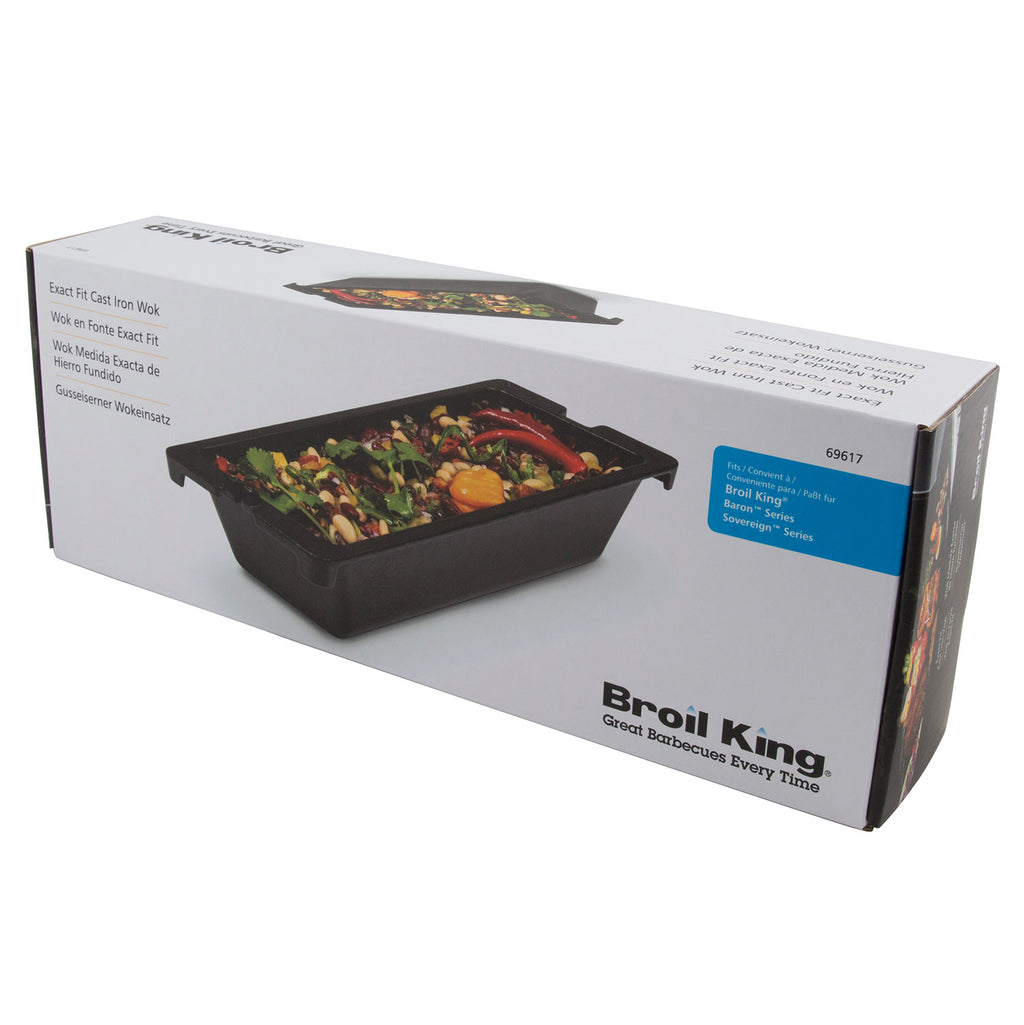 Broil King cast iron wok in retail packaging, rectangular grill insert