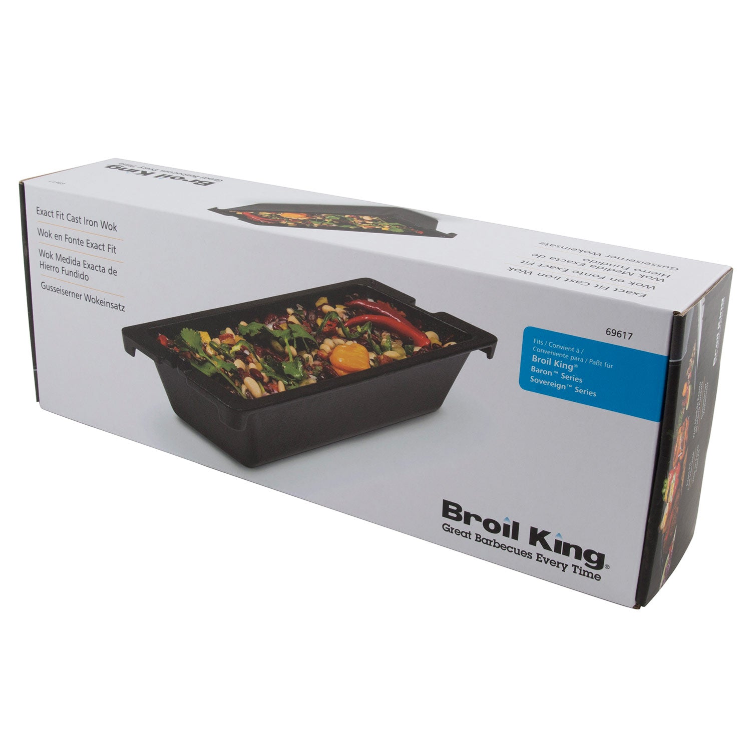 Broil King cast iron wok in retail packaging, rectangular grill insert