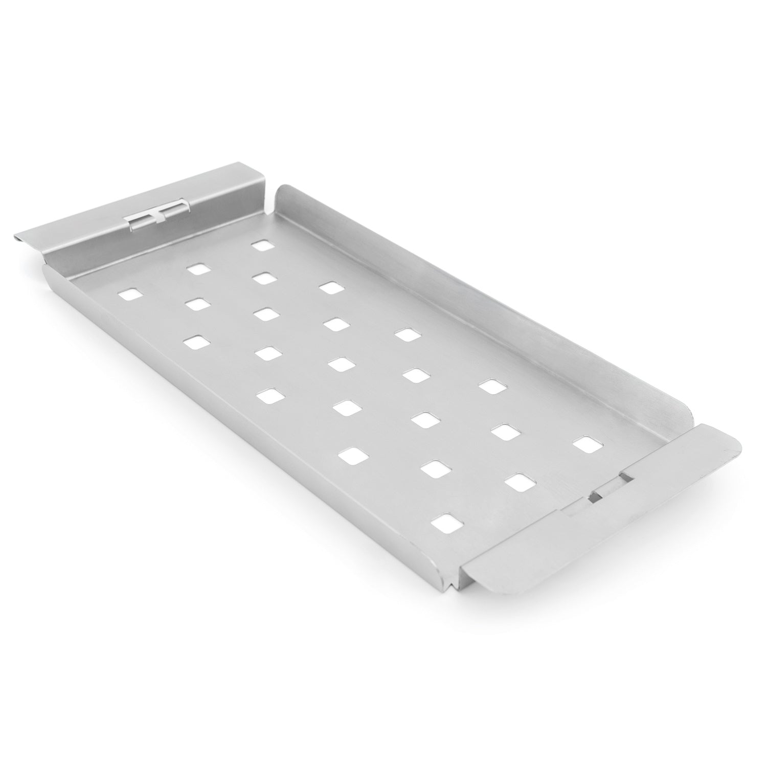 Narrow stainless steel grill topper tray with perforated surface and corner tabs