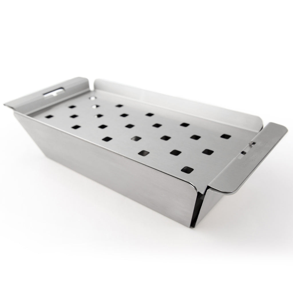Stainless steel grill topper tray with perforated insert and folded corner legs
