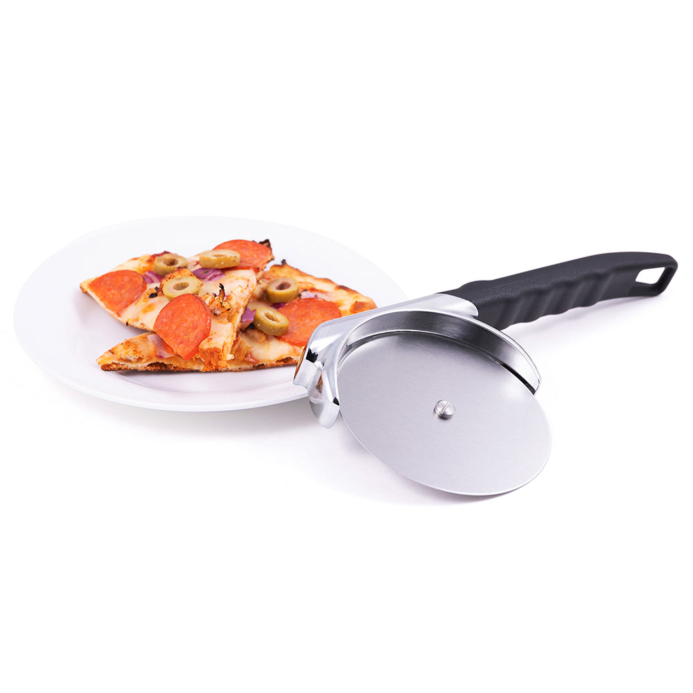 Pizza cutter with black handle and silver wheel