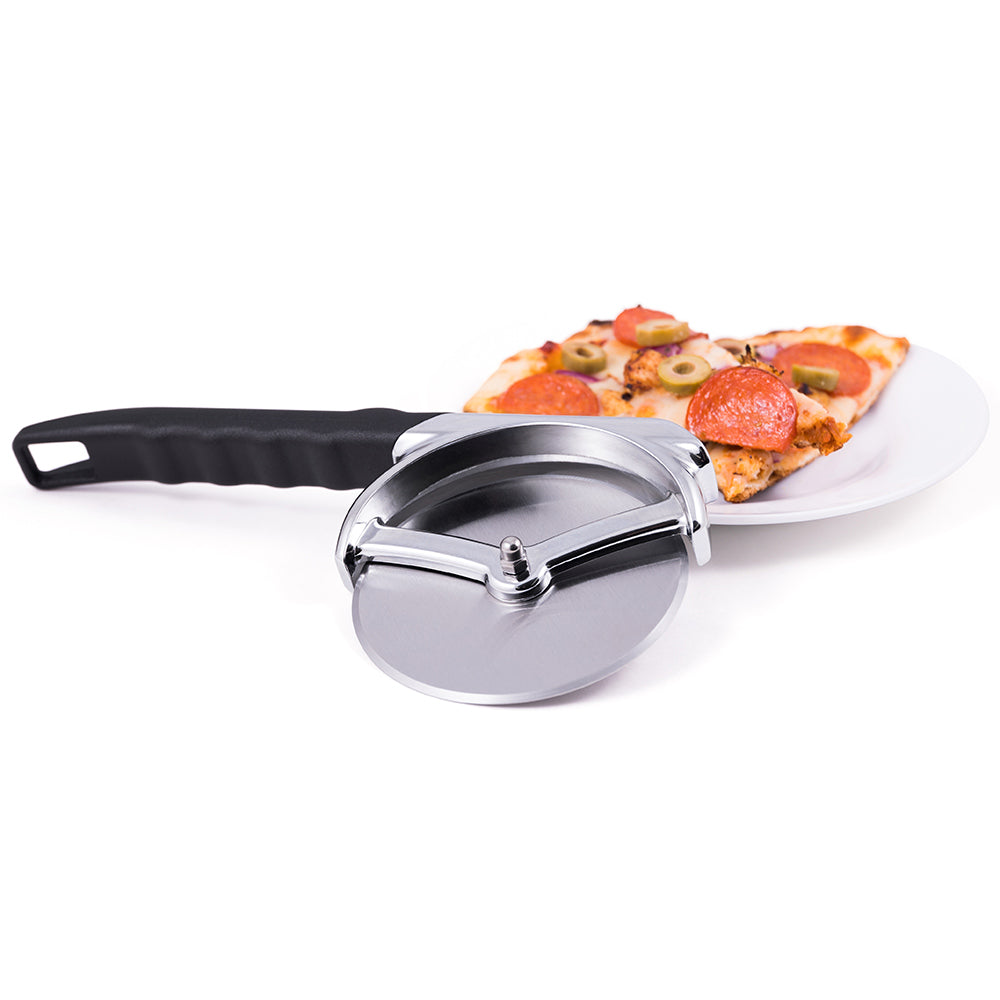 Pizza cutter with black handle and silver wheel beside pizza slice