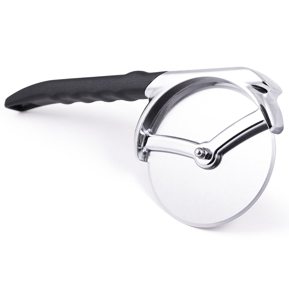 Stainless pizza cutter wheel with black handle, angled view