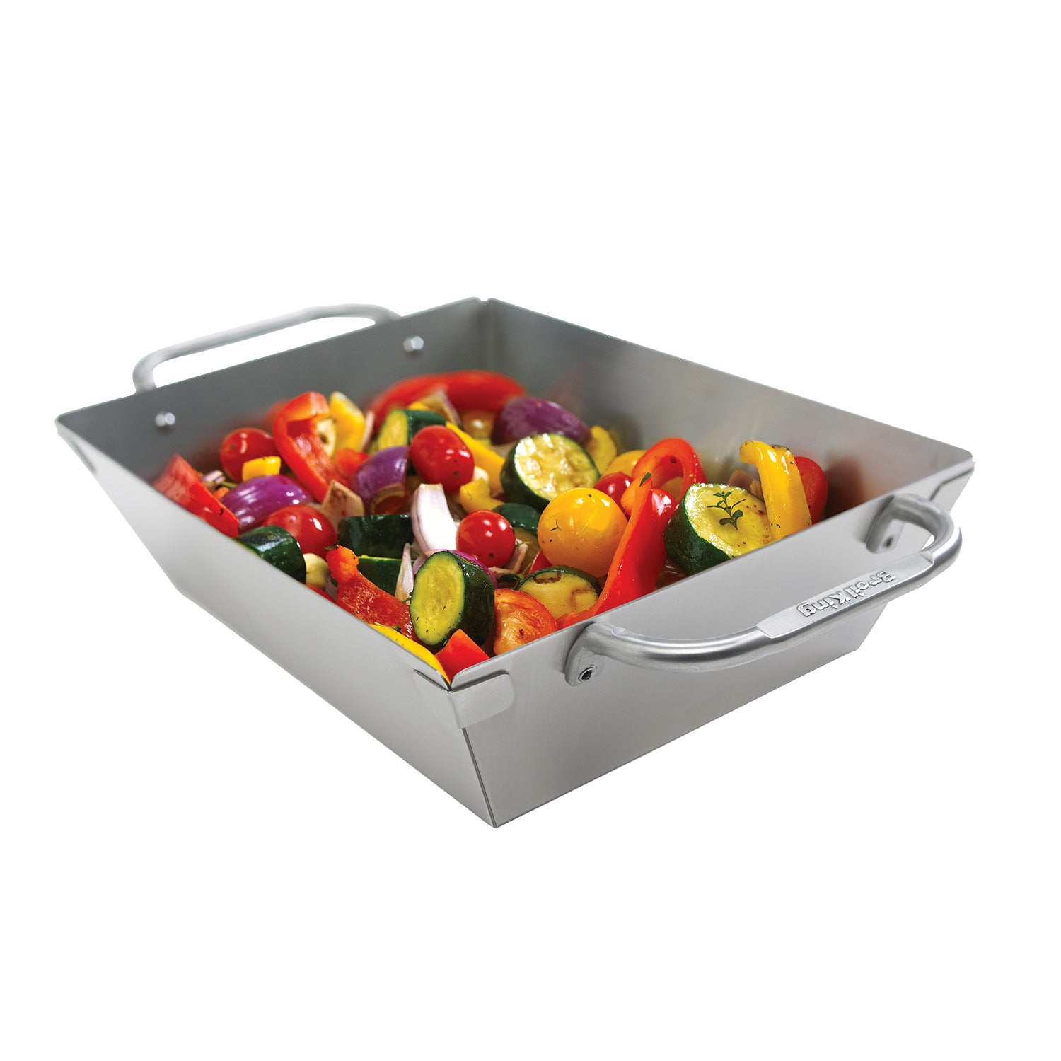 Stainless steel grill wok topper with side handles, filled with sliced vegetables.