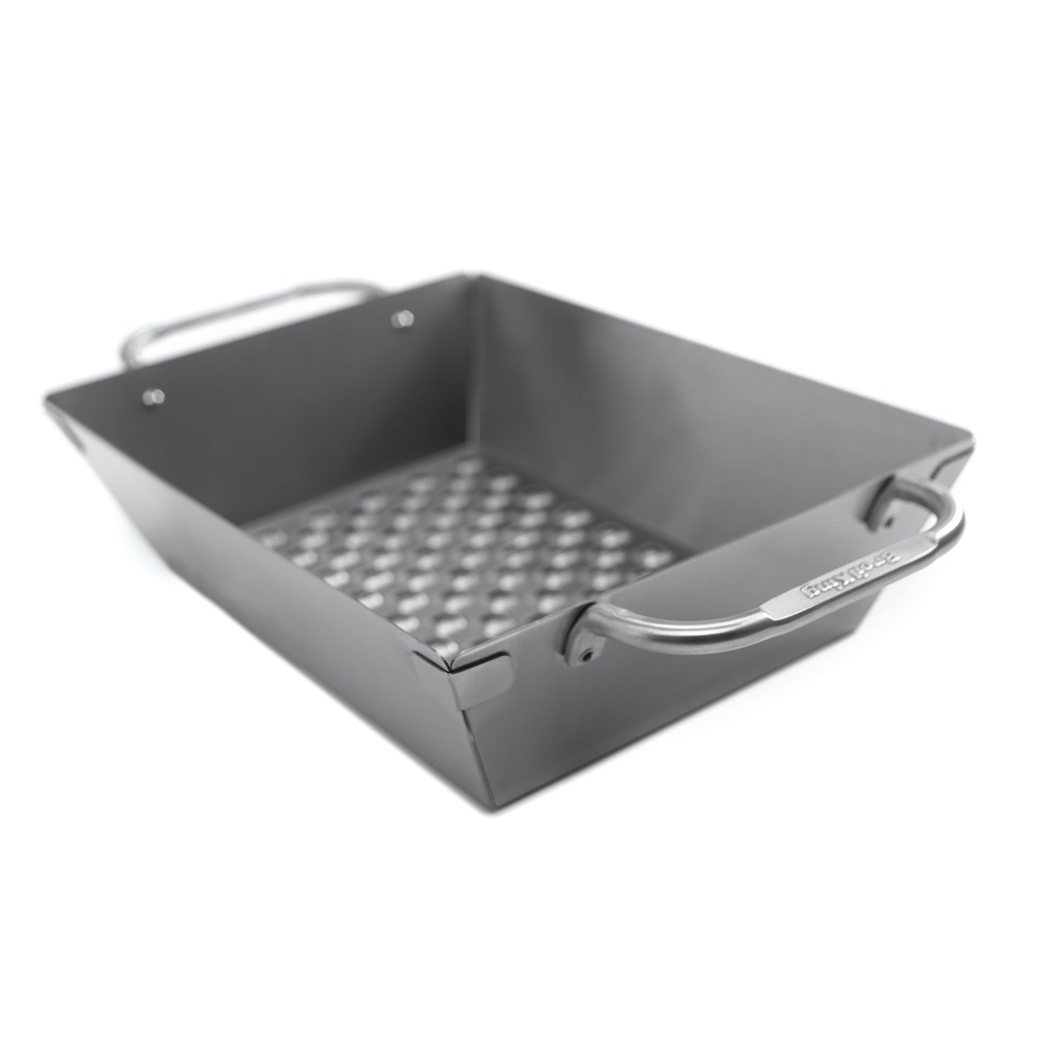 Stainless steel grill wok topper with perforated bottom and side handles.