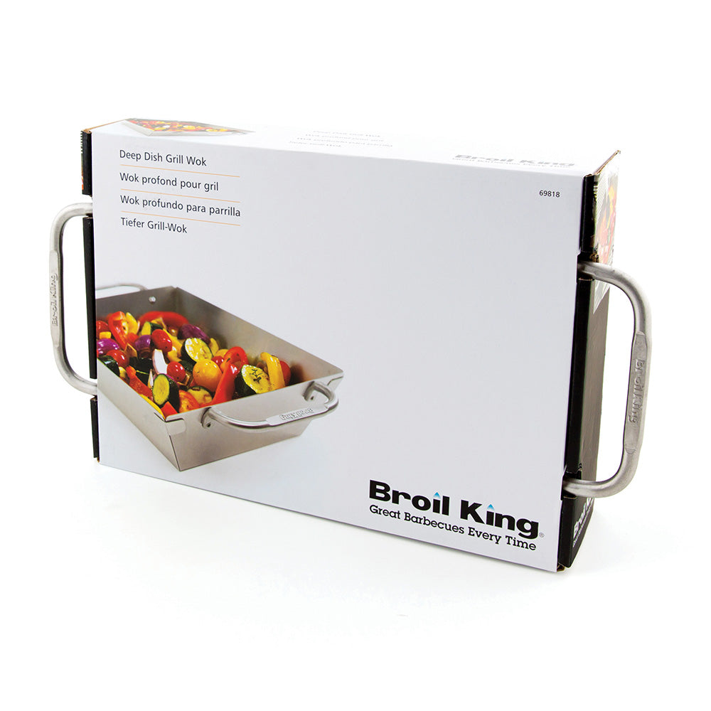 Broil King stainless steel deep dish grill wok in retail box packaging.