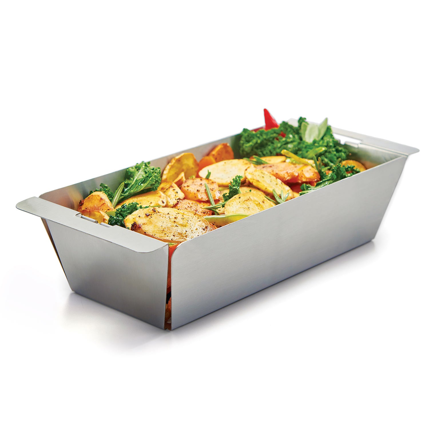 Stainless steel narrow wok grill topper holding seasoned vegetables and potatoes