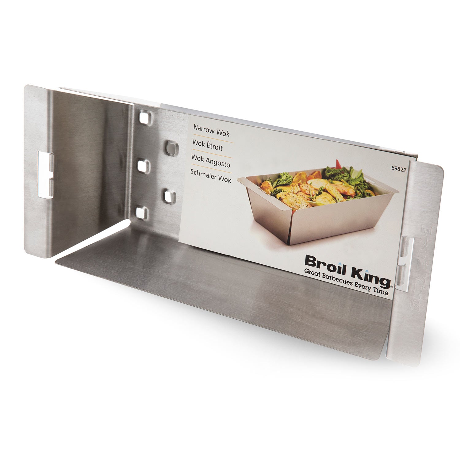 Narrow stainless steel wok grill topper in package, with metal insert shown
