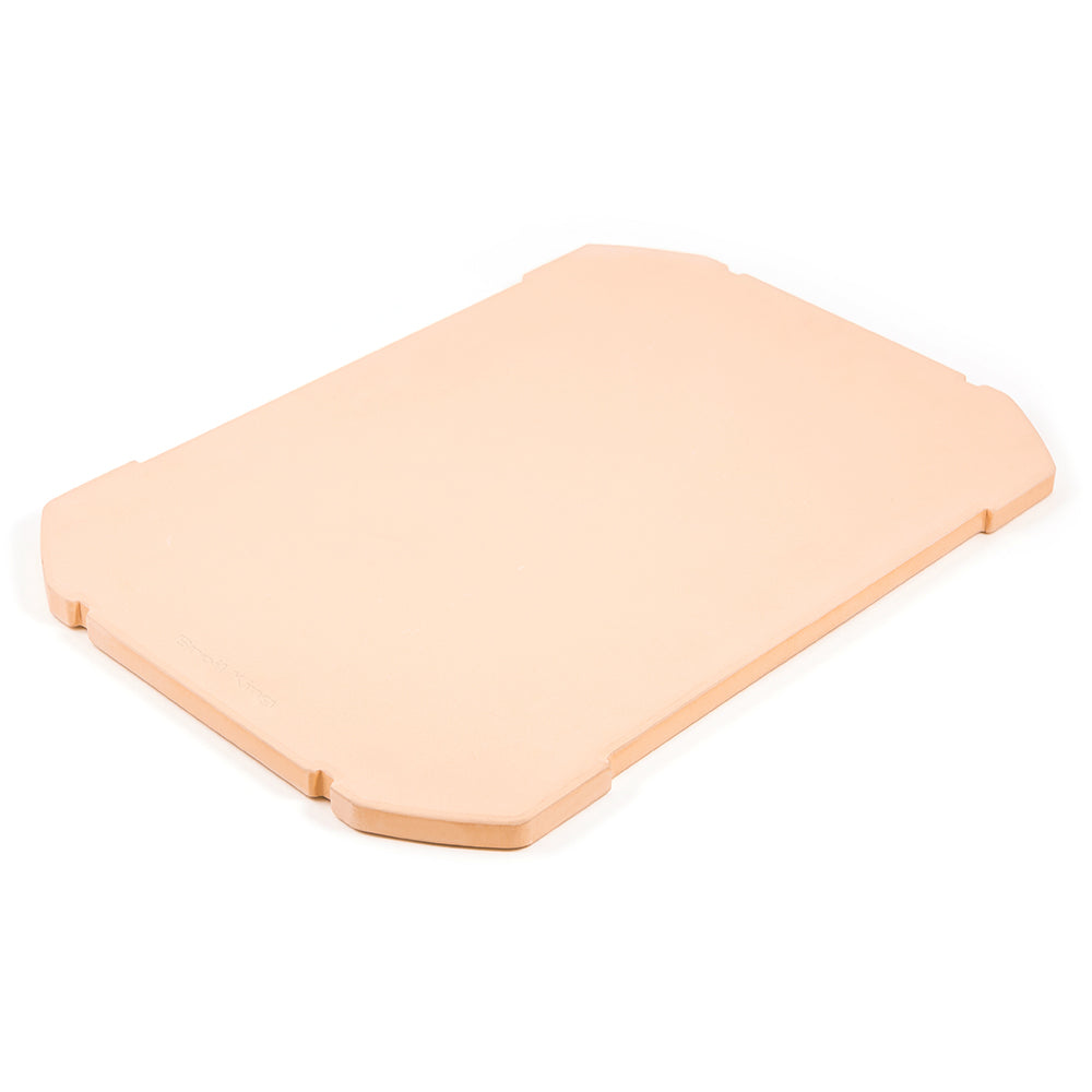 Rectangular pizza stone, light beige surface with raised edge and corner handles