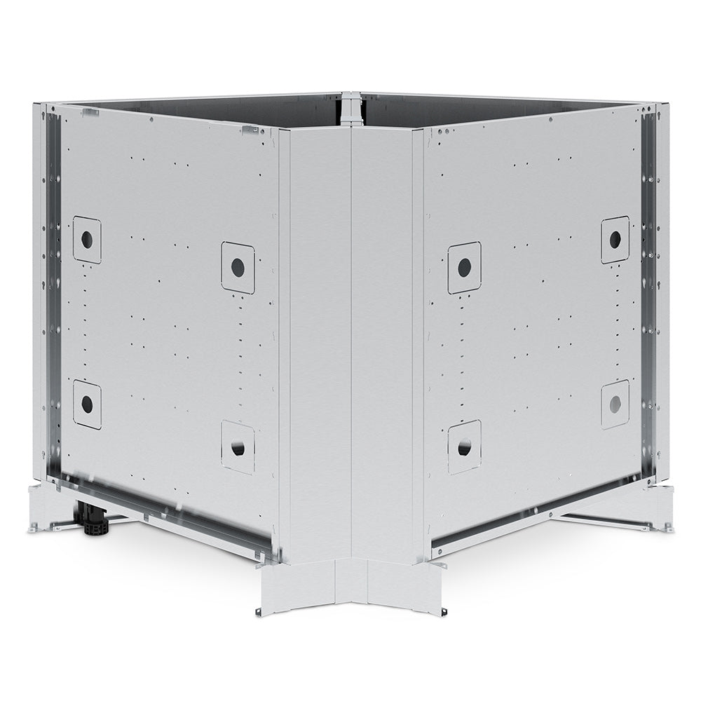 Stainless steel corner cabinet frame with perforated panels and hinged doors