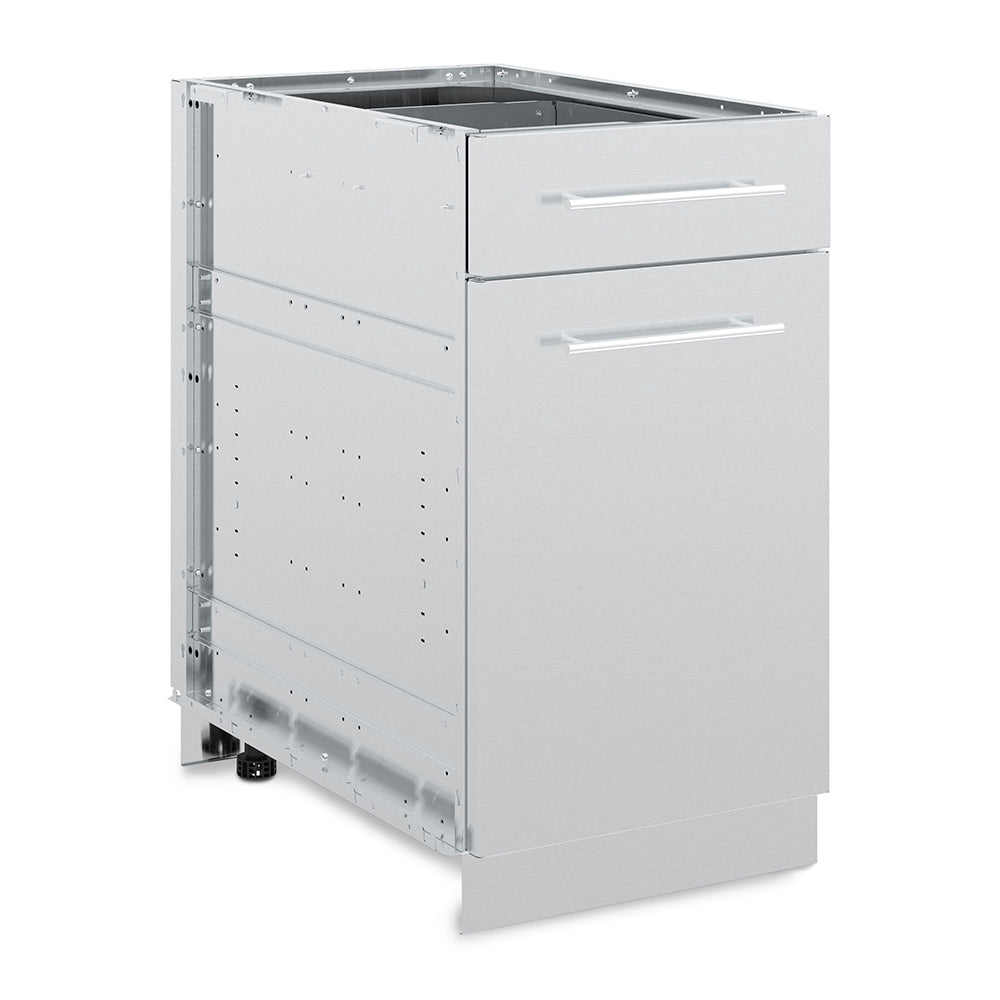 Stainless steel grill cabinet with top drawer and lower door, hinged left side