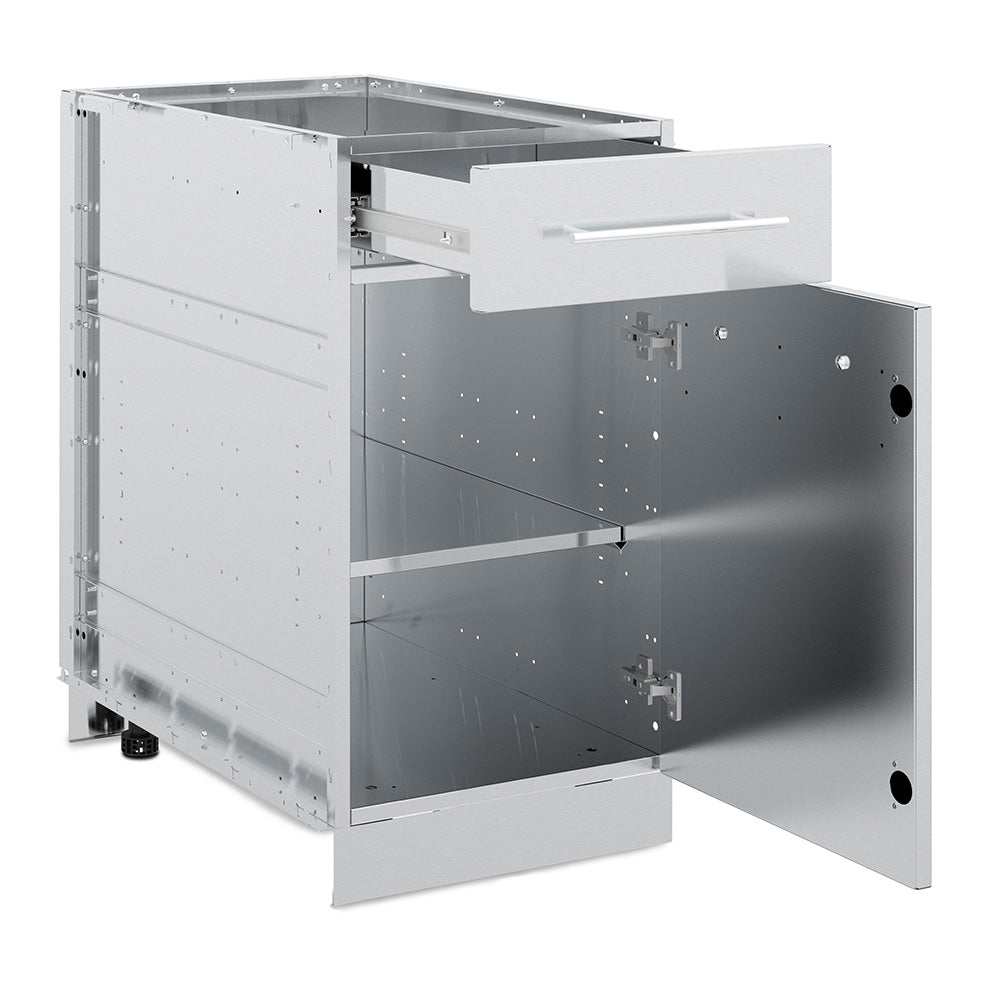 Stainless steel grill cabinet with drawer and open door, showing interior compartment