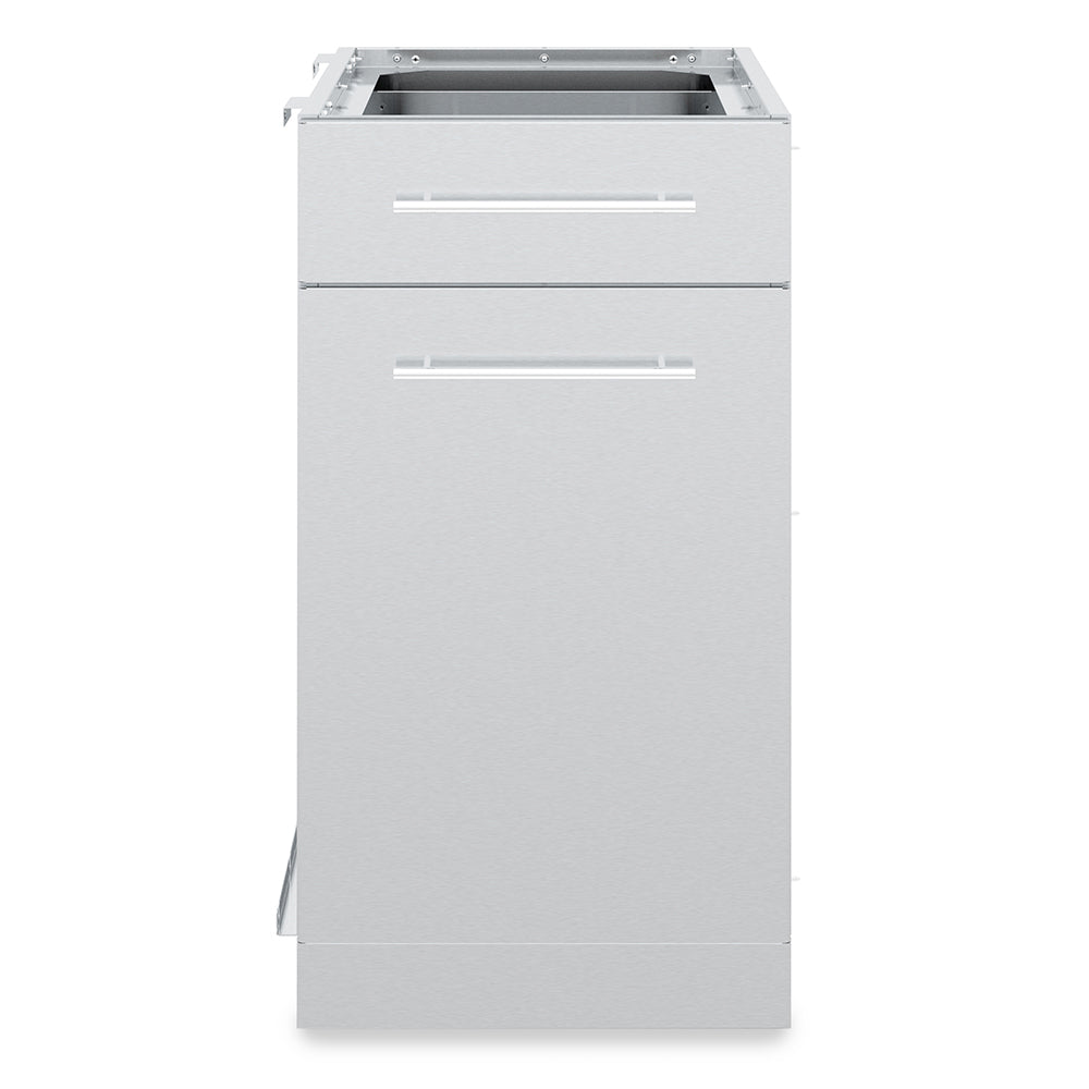 Stainless steel grill cabinet with top drawer and lower door, smooth front panels