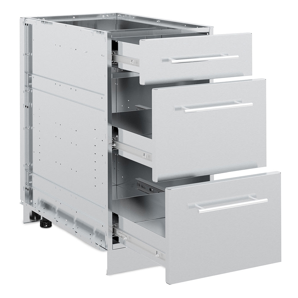 Stainless steel 3-drawer cabinet with three drawers open, metal interior