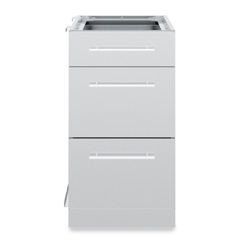 Stainless steel 3-drawer cabinet front with three horizontal handle bars