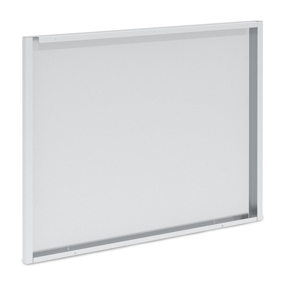 Stainless steel rear panel for 5-burner cabinet, angled side view of frame