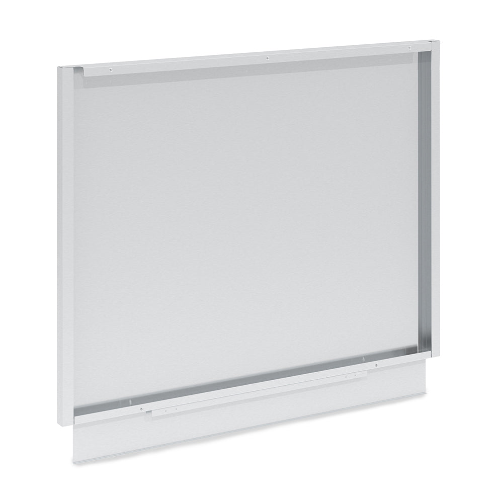 Stainless steel rear panel for 5-burner cabinet, angled view with lower support lip