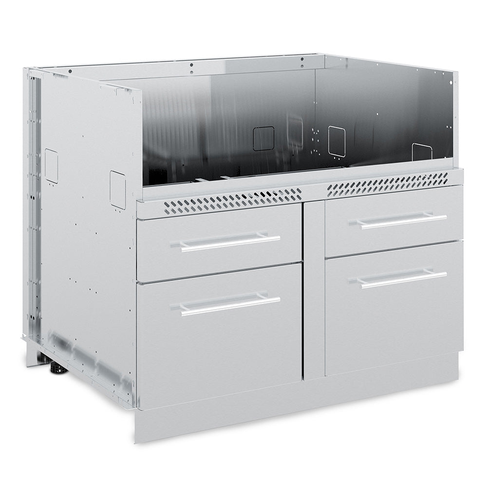 Broil King stainless steel grill cabinet with four drawer fronts and two cabinet doors