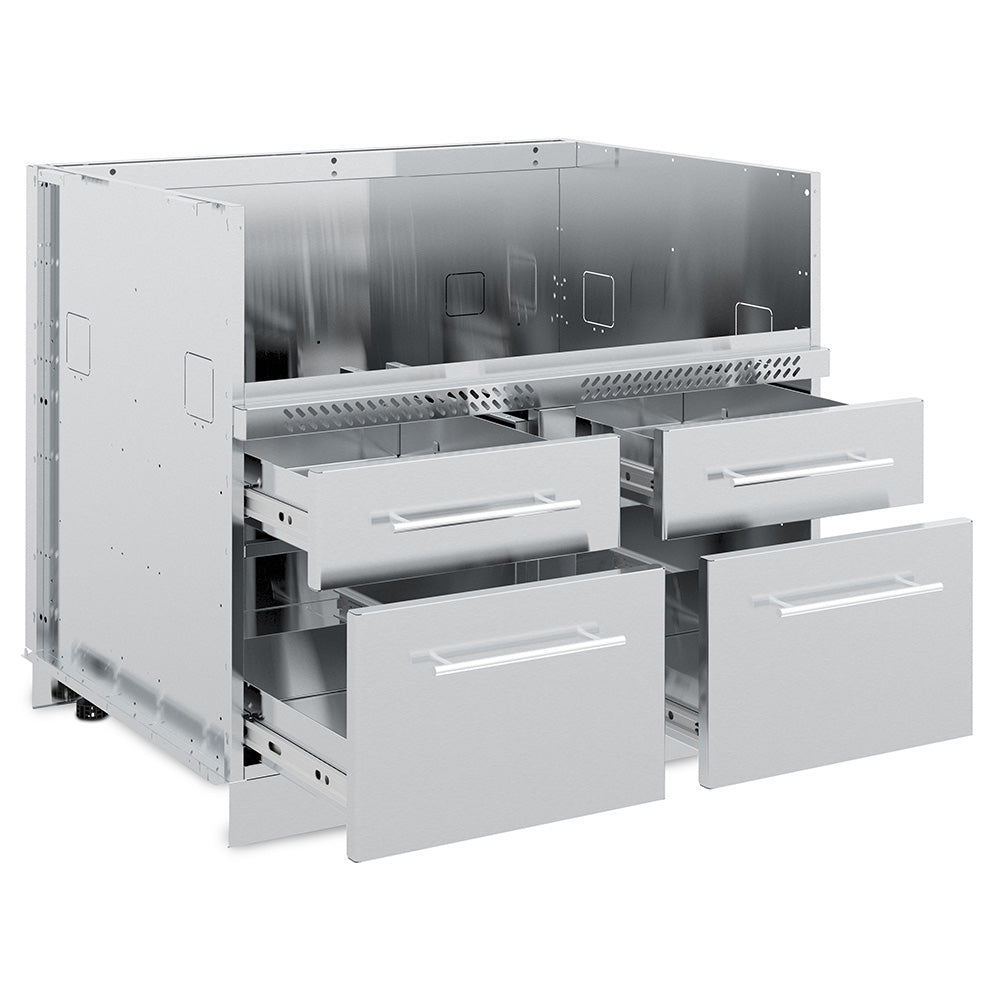Broil King stainless steel grill cabinet with open drawers and exposed interior storage